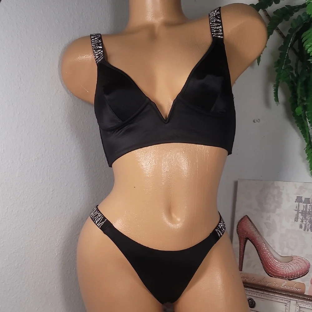 VICTORIA'S SECRET Black Satin Lingerie Set with Embellished Straps NWT 2135